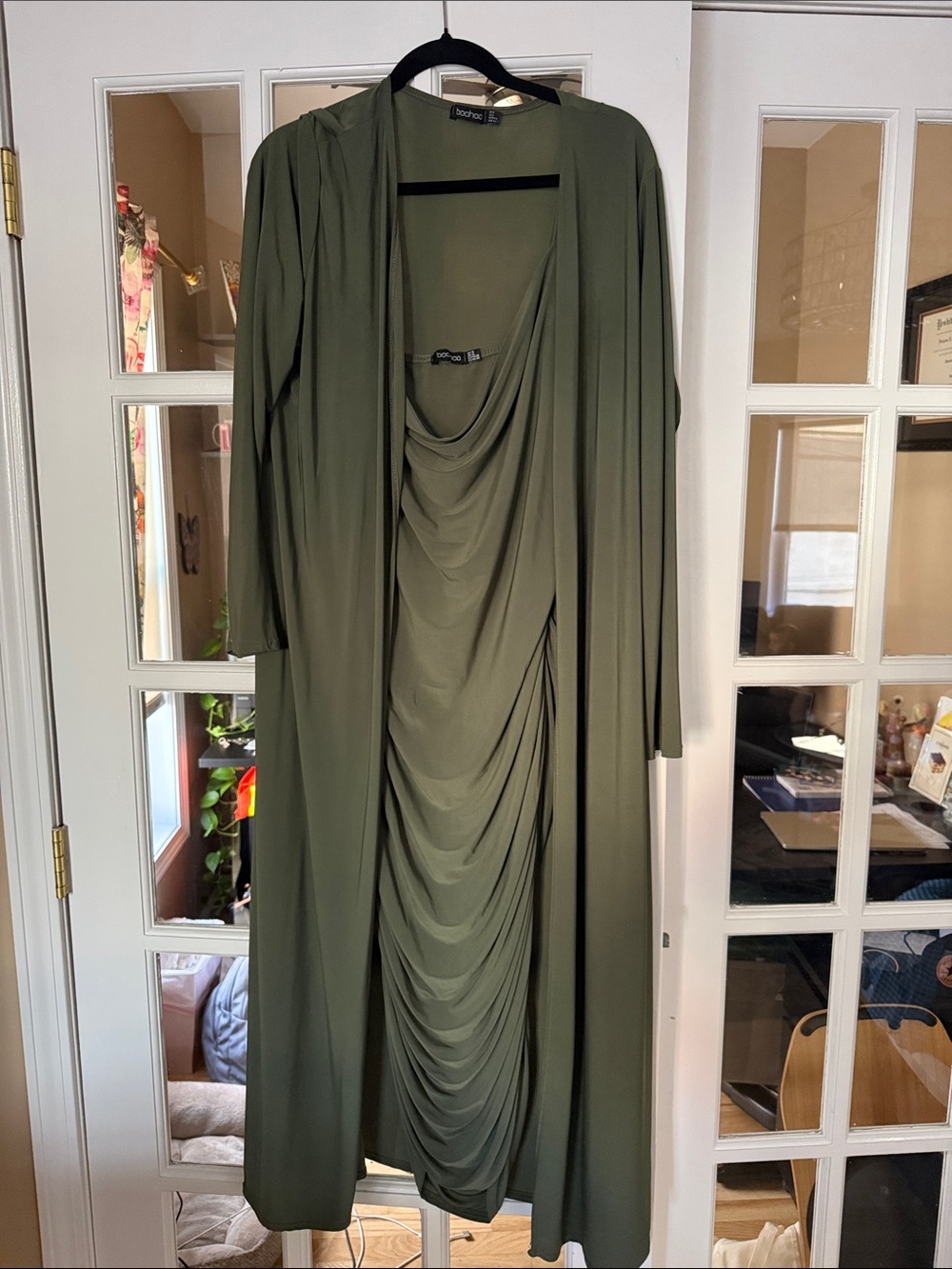 Olive ruched dress with matching jacket